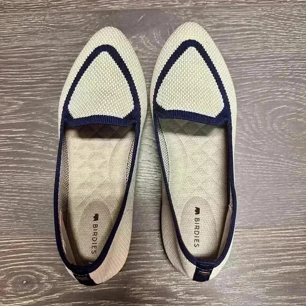 Birdies Blackbird Eggshell Womens 5.5 Navy Knit Point Toe Slip On Flats Shoes